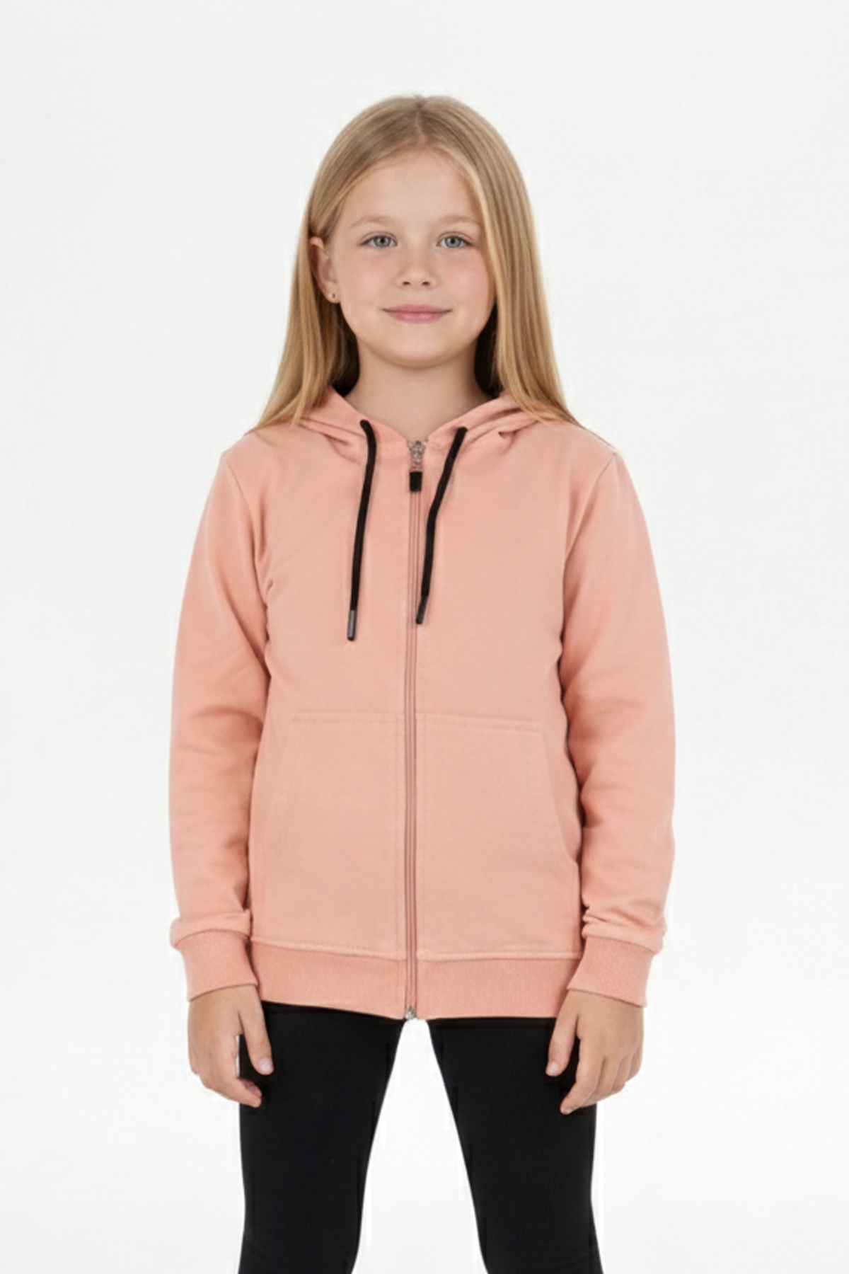 Kız Çocuk Fermuarlı Kapüşonlu Kanguru Cepli Düz Fırçalı İki İplik Sweatshirt