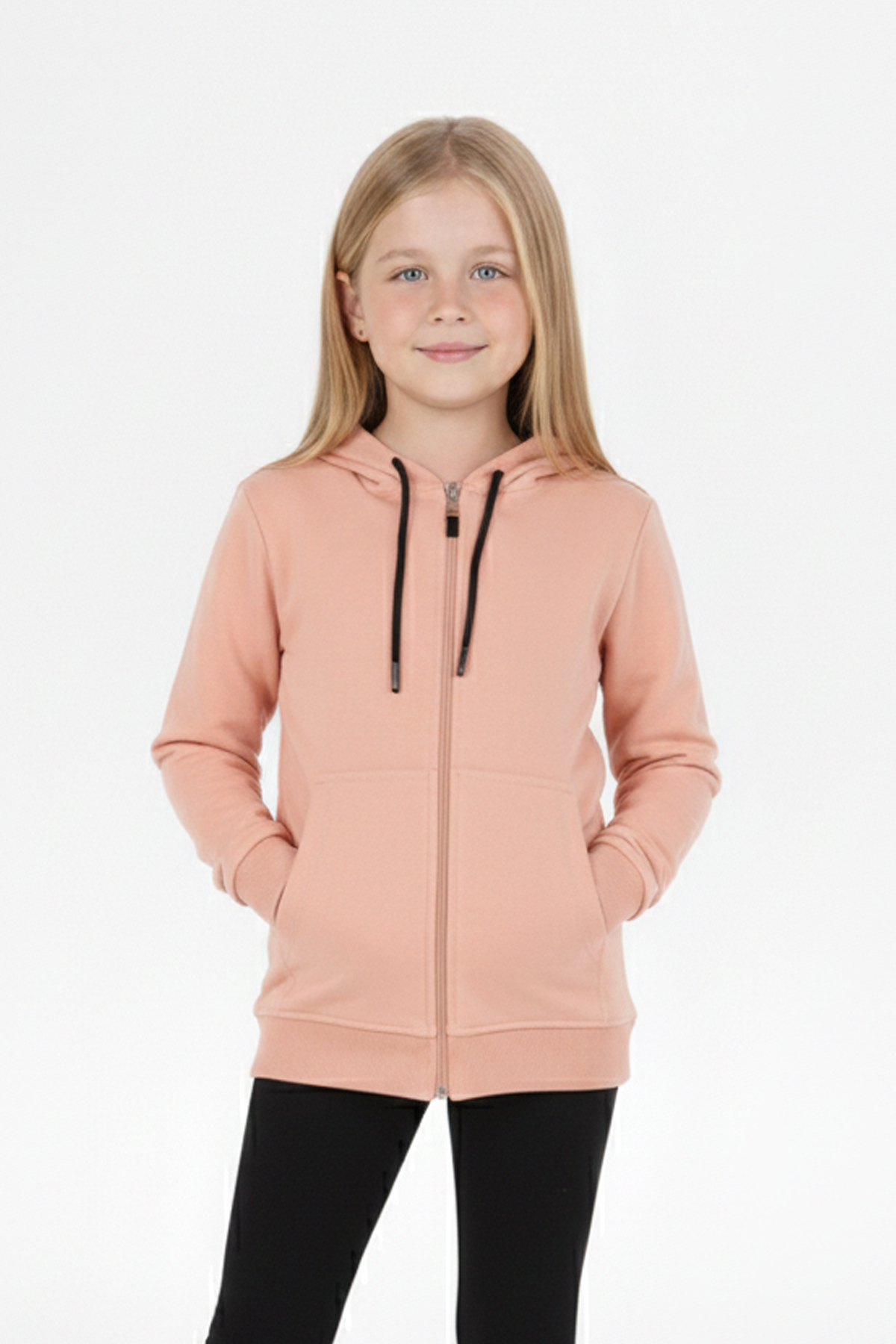Kız Çocuk Fermuarlı Kapüşonlu Kanguru Cepli Düz Fırçalı İki İplik Sweatshirt