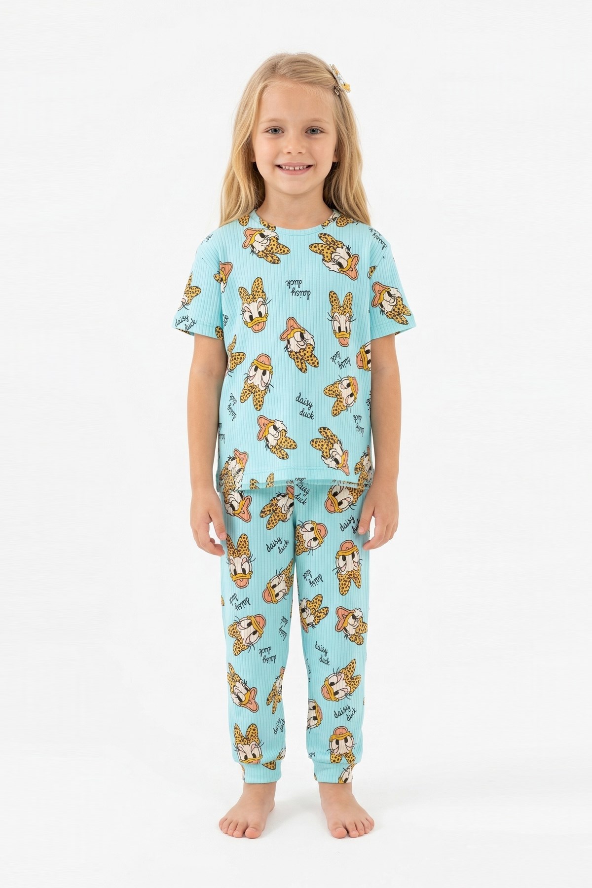 Kız Çocuk Ördek Figürlü ve Leopar Fiyonk Desenli %100 Pamuk İnterlok Kumaş Kısa Kollu Pijama Takımı