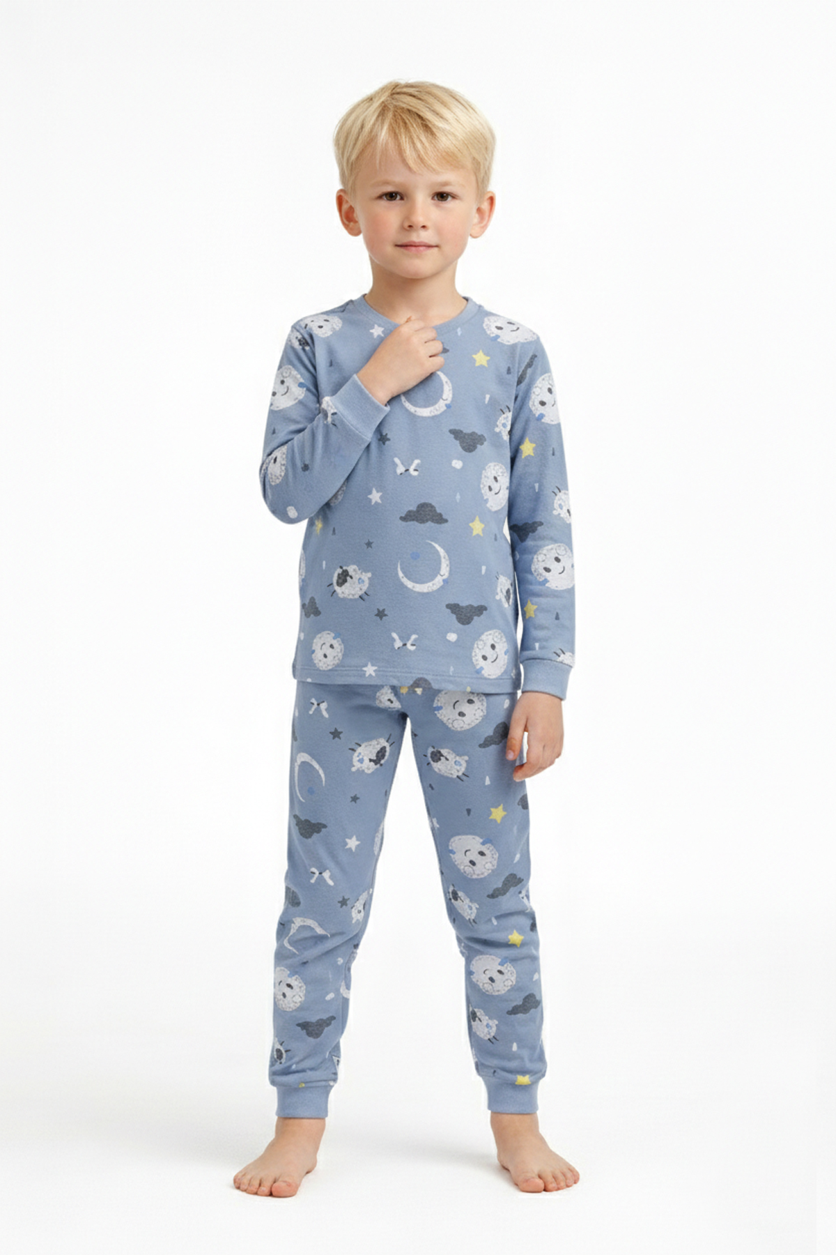 Üniseks Çocuk Ay Ve Yıldız Desenli %100 Pamuk Reaktif Boyalı Süprem Kumaş Uzun Kollu Pijama Takımı