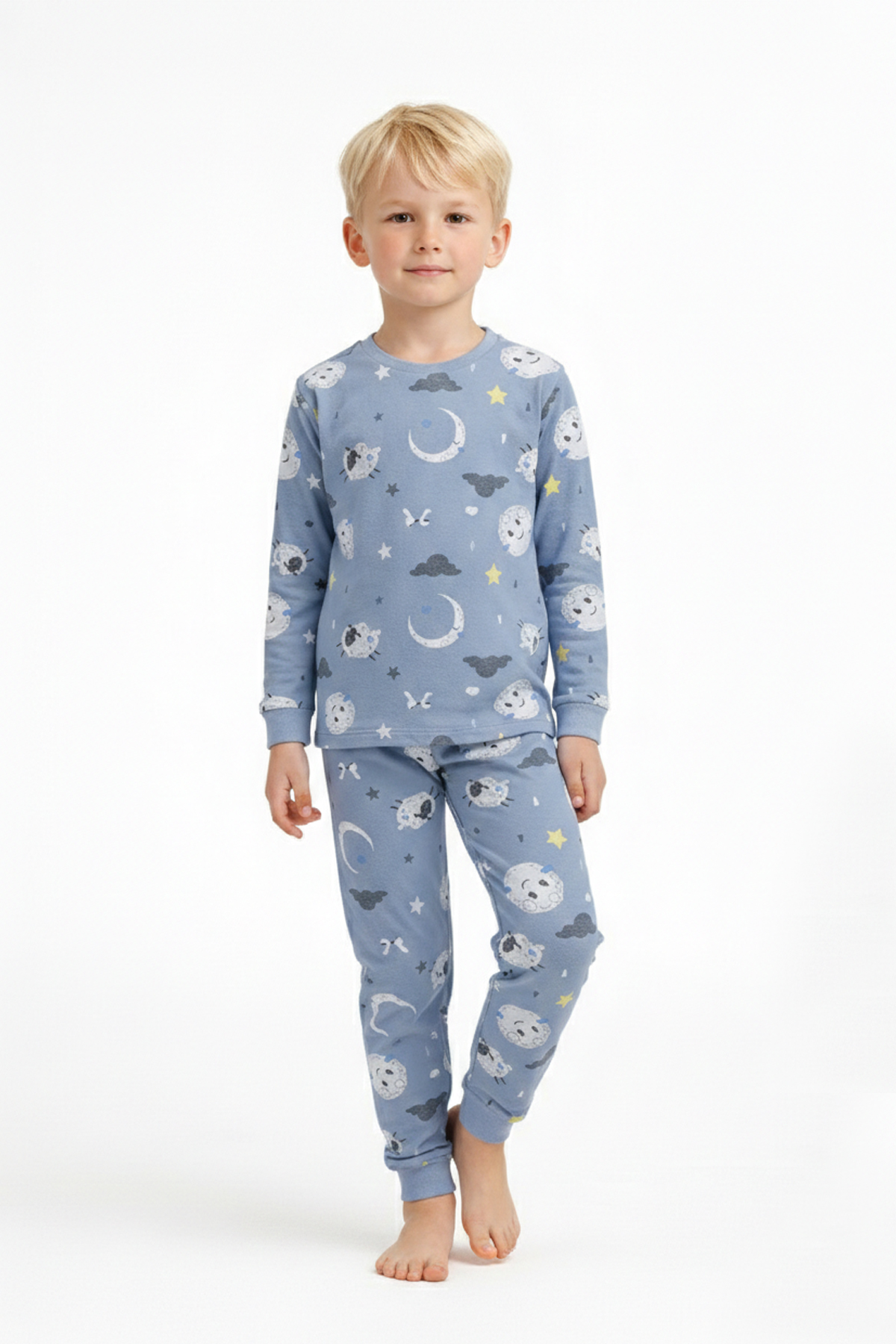 Üniseks Çocuk Ay Ve Yıldız Desenli %100 Pamuk Reaktif Boyalı Süprem Kumaş Uzun Kollu Pijama Takımı