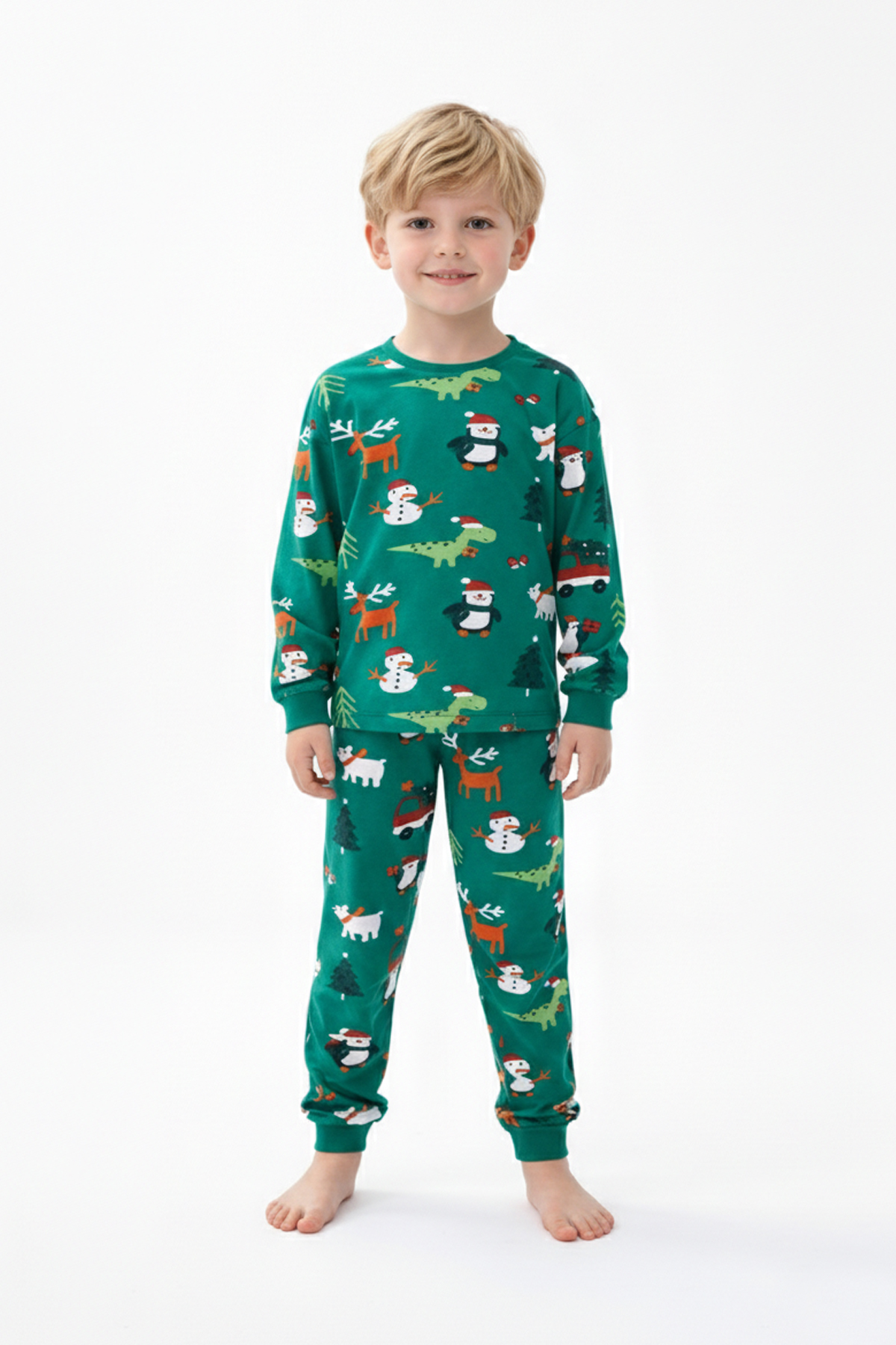 Erkek Çocuk Temalı Penguen Ve Geyik Desenli %100 Pamuk Reaktif Boyalı Süprem Kumaş Uzun Kollu Pijama Takımı