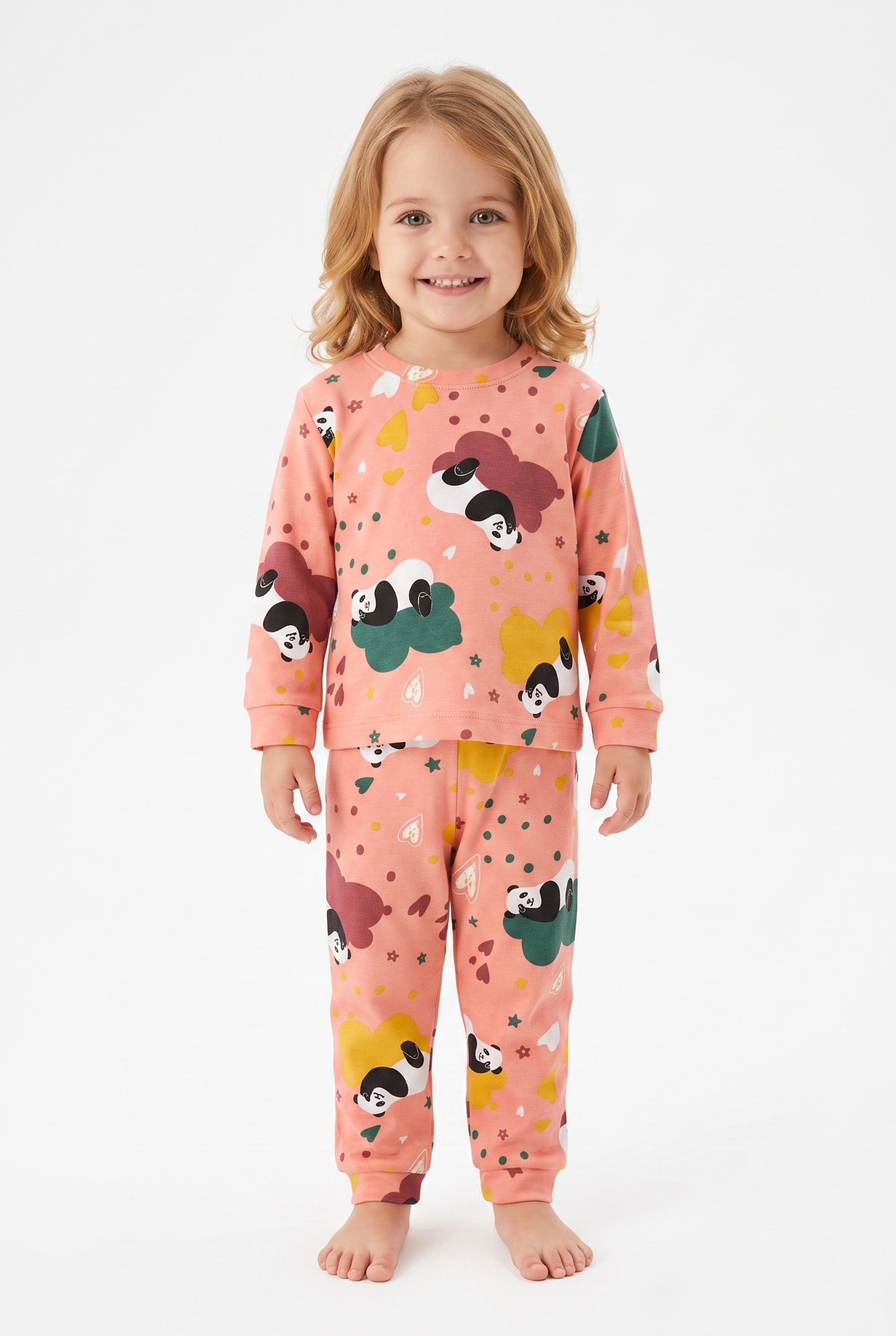 Unisex Panda ve Kalp Desenli %100 Pamuk Reaktif Boyama İnterlok Kumaş Uzun Kollu Pijama Takımı