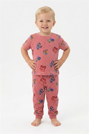 Erkek Bebek Araba Desenli  %100 Pamuk Reaktif Boyalı Süprem Kumaş Kısa Kollu Pijama Takımı