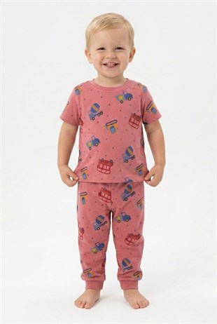 Erkek Bebek Araba Desenli  %100 Pamuk Reaktif Boyalı Süprem Kumaş Kısa Kollu Pijama Takımı