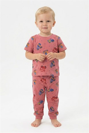 Erkek Bebek Araba Desenli  %100 Pamuk Reaktif Boyalı Süprem Kumaş Kısa Kollu Pijama Takımı