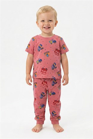 Erkek Bebek Araba Desenli  %100 Pamuk Reaktif Boyalı Süprem Kumaş Kısa Kollu Pijama Takımı