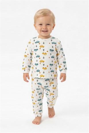 Erkek Bebek Araba ve Ağaç Desenli %100 Pamuk Reaktif Boyama İnterlok Kumaş Uzun Kollu Pijama Takımı