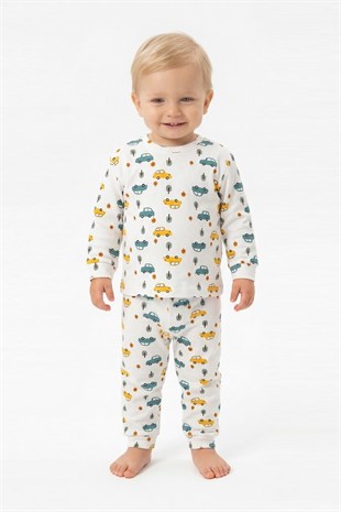 Erkek Bebek Araba ve Ağaç Desenli %100 Pamuk Reaktif Boyama İnterlok Kumaş Uzun Kollu Pijama Takımı