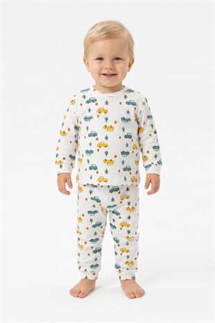Erkek Bebek Araba ve Ağaç Desenli %100 Pamuk Reaktif Boyama İnterlok Kumaş Uzun Kollu Pijama Takımı