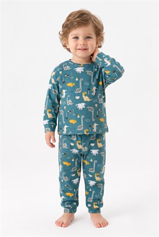 Erkek Bebek Dinozor Desenli %100 Pamuk Reaktif Boyama İnterlok Kumaşş Uzun Kollu Pijama Takımı