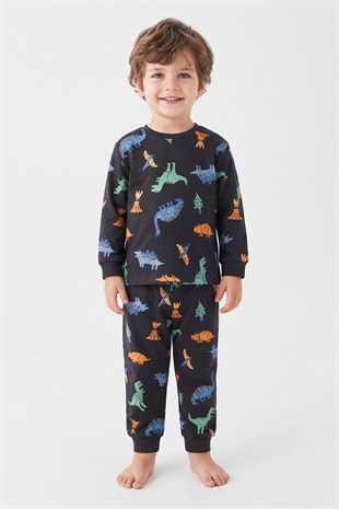 Erkek Bebek Dinozor Desenli %100 Pamuk Süprem Kumaş Reaktif Boyama Uzun Kollu Pijama Takımı