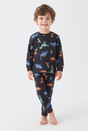 Erkek Bebek Dinozor Desenli %100 Pamuk Süprem Kumaş Reaktif Boyama Uzun Kollu Pijama Takımı