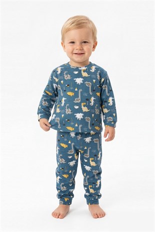 Erkek Bebek Dinozor Desenli %100 Pamuk Reaktif Boyama İnterlok Kumaşş Uzun Kollu Pijama Takımı