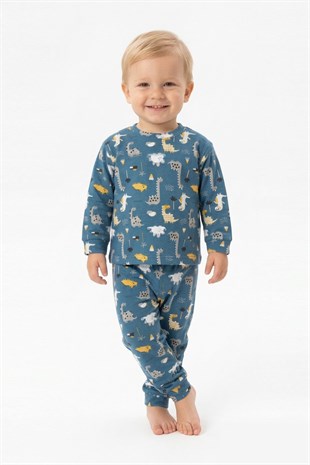 Erkek Bebek Dinozor Desenli %100 Pamuk Reaktif Boyama İnterlok Kumaşş Uzun Kollu Pijama Takımı