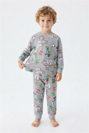 Erkek Bebek Karakter Baskılı %100 Pamuk Süprem Kumaş Reaktif Boyama Uzun Kollu Pijama Takımı
