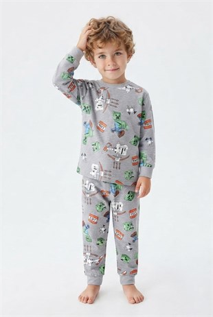 Erkek Bebek Karakter Baskılı %100 Pamuk Süprem Kumaş Reaktif Boyama Uzun Kollu Pijama Takımı