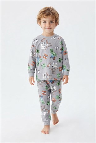 Erkek Bebek Karakter Baskılı %100 Pamuk Süprem Kumaş Reaktif Boyama Uzun Kollu Pijama Takımı