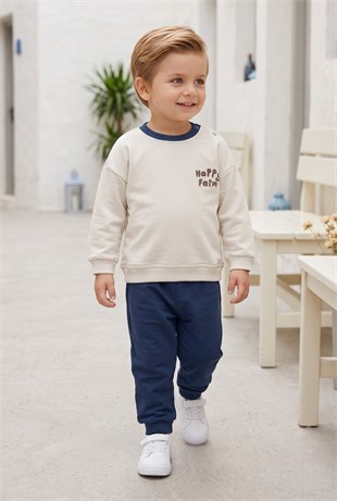 Erkek Bebek Ön Ve Arkası Baskılı İki İplik Fırçalı Kumaş Takım
