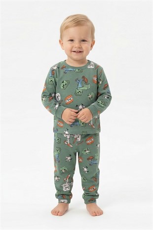 Erkek Bebek Oyun Karakterleri Baskılı %100 Pamuk Reaktif Boyama İnterlok Kumaş Uzun Kollu Pijama Takımı