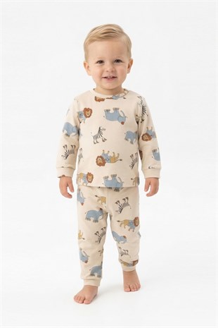 Erkek Bebek Safari Hayvanları Baskılı  %100 Pamuk Reaktif Boyama İnterlok Kumaş Uzun Kollu Pijama Takımı