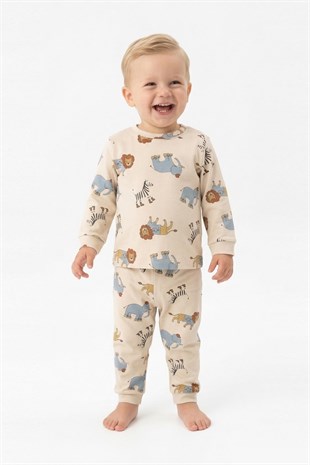 Erkek Bebek Safari Hayvanları Baskılı  %100 Pamuk Reaktif Boyama İnterlok Kumaş Uzun Kollu Pijama Takımı