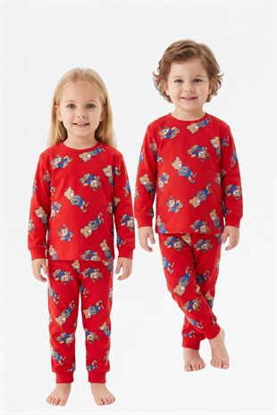 Erkek Bebek Sevimli Ayıcık Desenli %100 Pamuk Reaktif Boyama Süprem Kumaş Uzun Kollu Pijama Takımı
