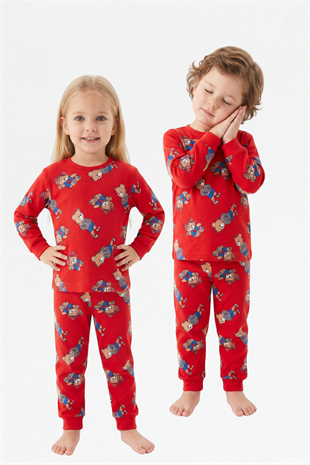 Erkek Bebek Sevimli Ayıcık Desenli %100 Pamuk Reaktif Boyama Süprem Kumaş Uzun Kollu Pijama Takımı