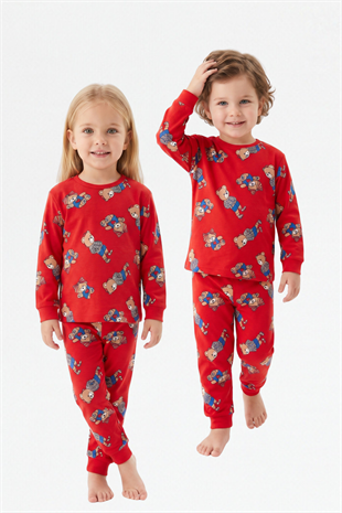 Erkek Bebek Sevimli Ayıcık Desenli %100 Pamuk Reaktif Boyama Süprem Kumaş Uzun Kollu Pijama Takımı