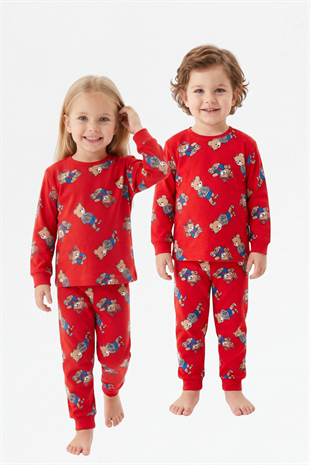 Erkek Bebek Sevimli Ayıcık Desenli %100 Pamuk Reaktif Boyama Süprem Kumaş Uzun Kollu Pijama Takımı