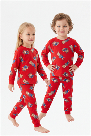 Erkek Bebek Sevimli Ayıcık Desenli %100 Pamuk Reaktif Boyama Süprem Kumaş Uzun Kollu Pijama Takımı