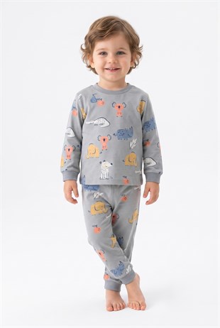 Erkek Bebek Sevimli Hayvan Desenli %100 Pamuk Reaktif Boyama Süprem Kumaş Uzun Kollu Pijama Takımı