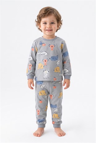 Erkek Bebek Sevimli Hayvan Desenli %100 Pamuk Reaktif Boyama Süprem Kumaş Uzun Kollu Pijama Takımı