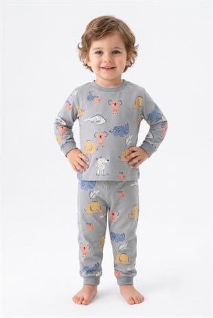 Erkek Bebek Sevimli Hayvan Desenli %100 Pamuk Reaktif Boyama Süprem Kumaş Uzun Kollu Pijama Takımı