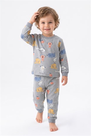 Erkek Bebek Sevimli Hayvan Desenli %100 Pamuk Reaktif Boyama Süprem Kumaş Uzun Kollu Pijama Takımı