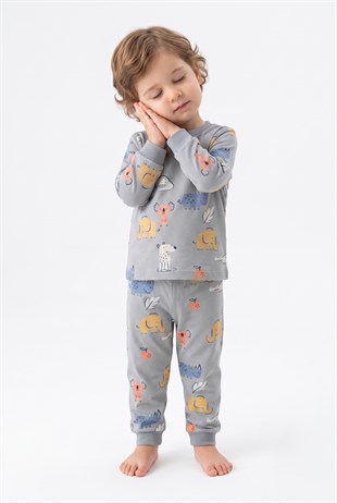 Erkek Bebek Sevimli Hayvan Desenli %100 Pamuk Reaktif Boyama Süprem Kumaş Uzun Kollu Pijama Takımı