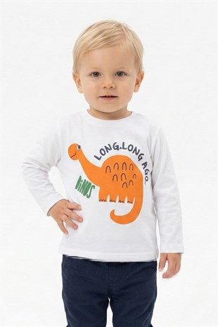 Erkek Bebek Turuncu Dinozor Baskılı Uzun Kollu Bisiklet Yaka Sweatshirt Tişört