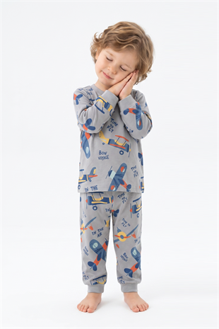 Erkek Bebek Uçak  Baskılı %100 Pamuk Süprem Kumaş Reaktif Boyama Uzun Kollu Pijama Takımı