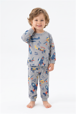 Erkek Bebek Uçak  Baskılı %100 Pamuk Süprem Kumaş Reaktif Boyama Uzun Kollu Pijama Takımı
