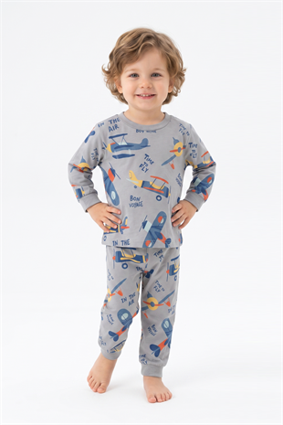 Erkek Bebek Uçak  Baskılı %100 Pamuk Süprem Kumaş Reaktif Boyama Uzun Kollu Pijama Takımı