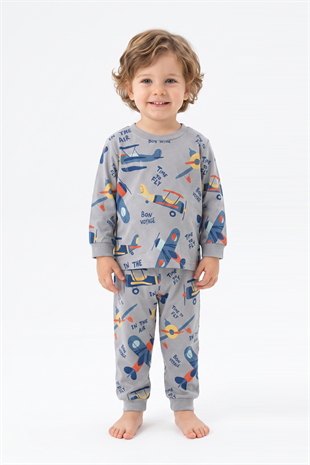 Erkek Bebek Uçak  Baskılı %100 Pamuk Süprem Kumaş Reaktif Boyama Uzun Kollu Pijama Takımı