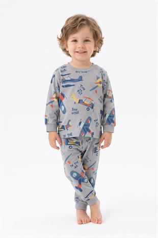Erkek Bebek Uçak  Baskılı %100 Pamuk Süprem Kumaş Reaktif Boyama Uzun Kollu Pijama Takımı