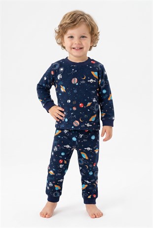 Erkek Bebek Uzay Ve Astronot Baskılı %100 Pamuk Süprem Kumaş Reaktif Boyama Uzun Kollu Pijama Takımı
