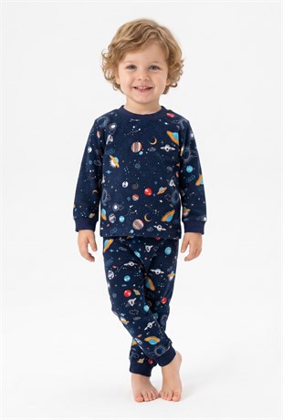 Erkek Bebek Uzay Ve Astronot Baskılı %100 Pamuk Süprem Kumaş Reaktif Boyama Uzun Kollu Pijama Takımı