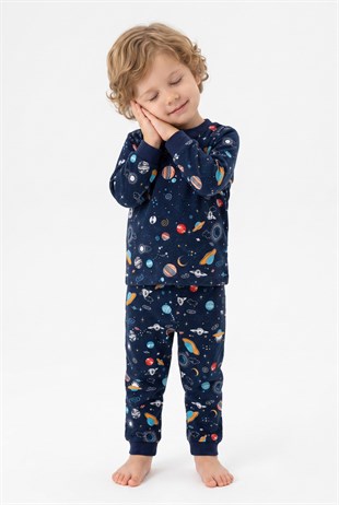Erkek Bebek Uzay Ve Astronot Baskılı %100 Pamuk Süprem Kumaş Reaktif Boyama Uzun Kollu Pijama Takımı