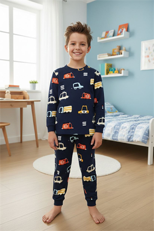 Erkek Çocuk %100 Pamuk Reaktif Boyalı İnterlok Kumaş Araba Baskılı Pijama Takımı