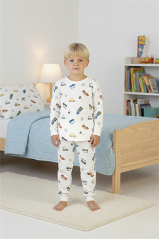 Erkek Çocuk %100 Pamuk Reaktif Boyalı İnterlok Kumaş Eğlenceli Araç Baskılı Pijama Takımı