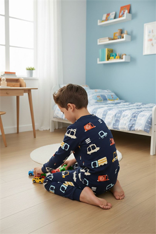Erkek Çocuk %100 Pamuk Reaktif Boyalı İnterlok Kumaş Araba Baskılı Pijama Takımı