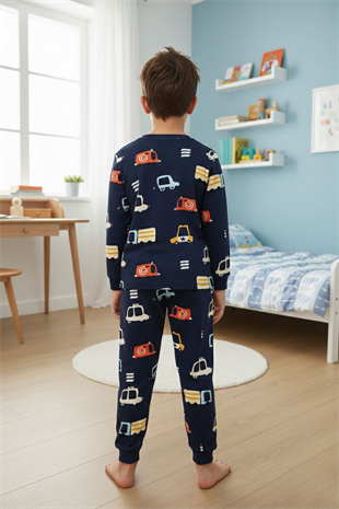 Erkek Çocuk %100 Pamuk Reaktif Boyalı İnterlok Kumaş Araba Baskılı Pijama Takımı