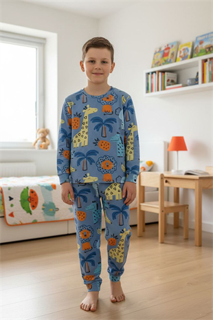 Erkek Çocuk %100 Pamuktan Üretilmiş Eğlenceli Hayvan Desenli Pijama Takımı